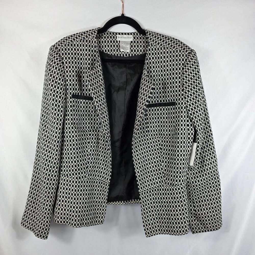 Worthington Silk Blend Blazer Jacket Women's Size 16 Black & White Geo Print NEW